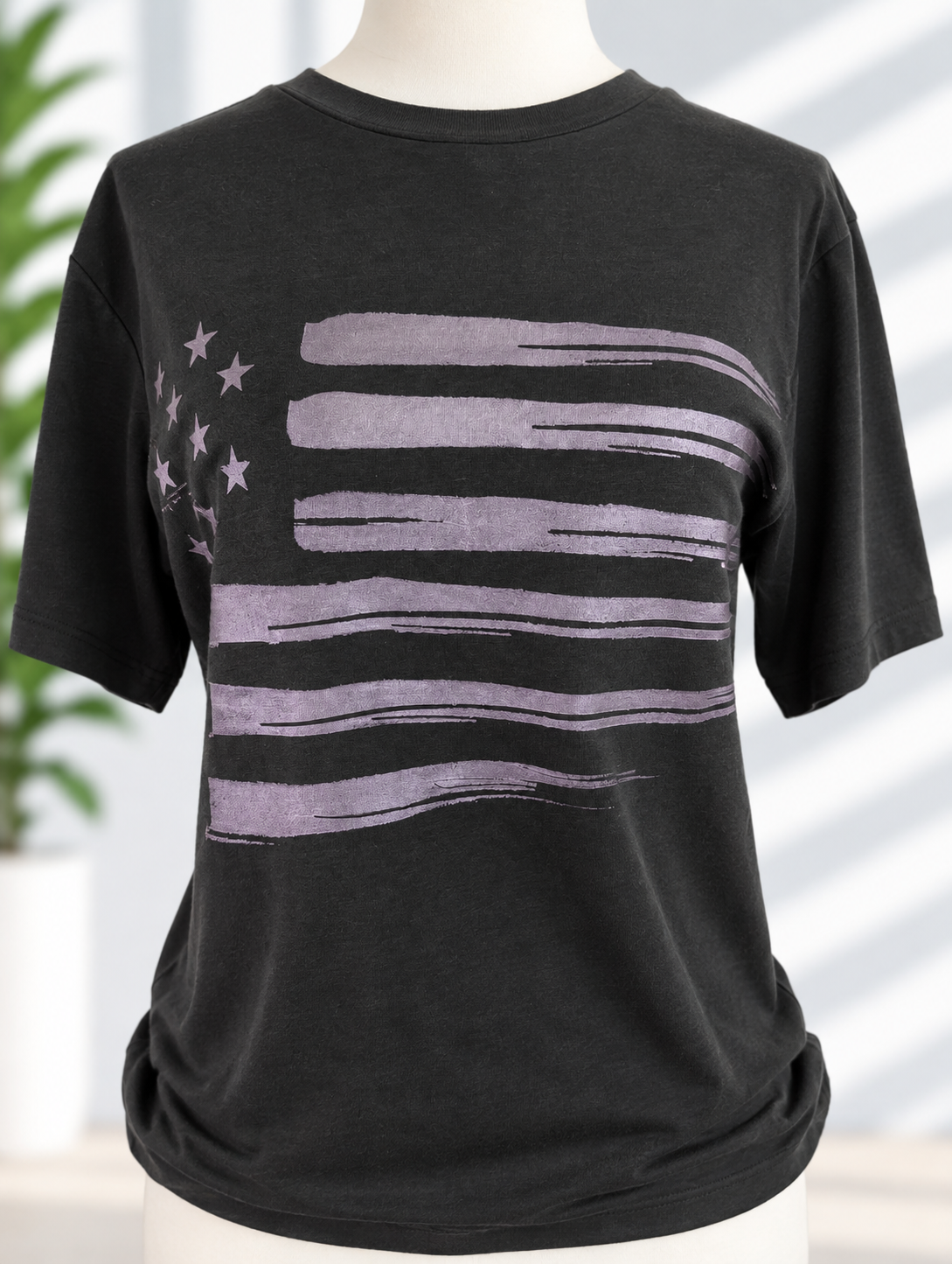 Black t-shirt with hand-painted distressed American flag design in purple and grey tones