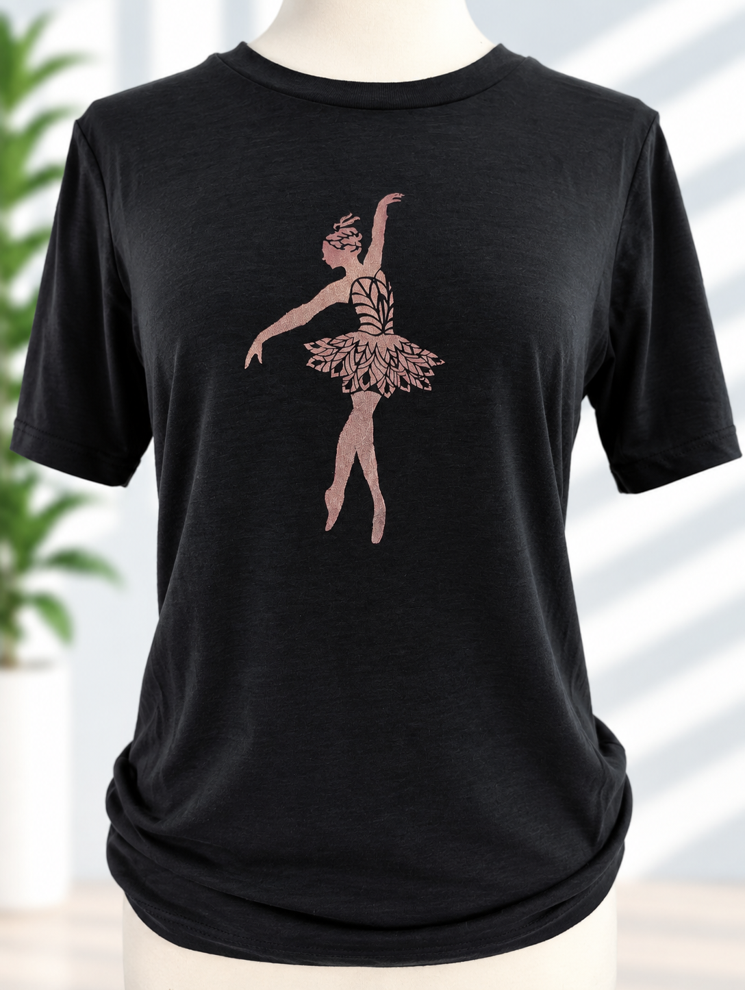 Black t-shirt with rose-gold hand-painted ballerina stencil design