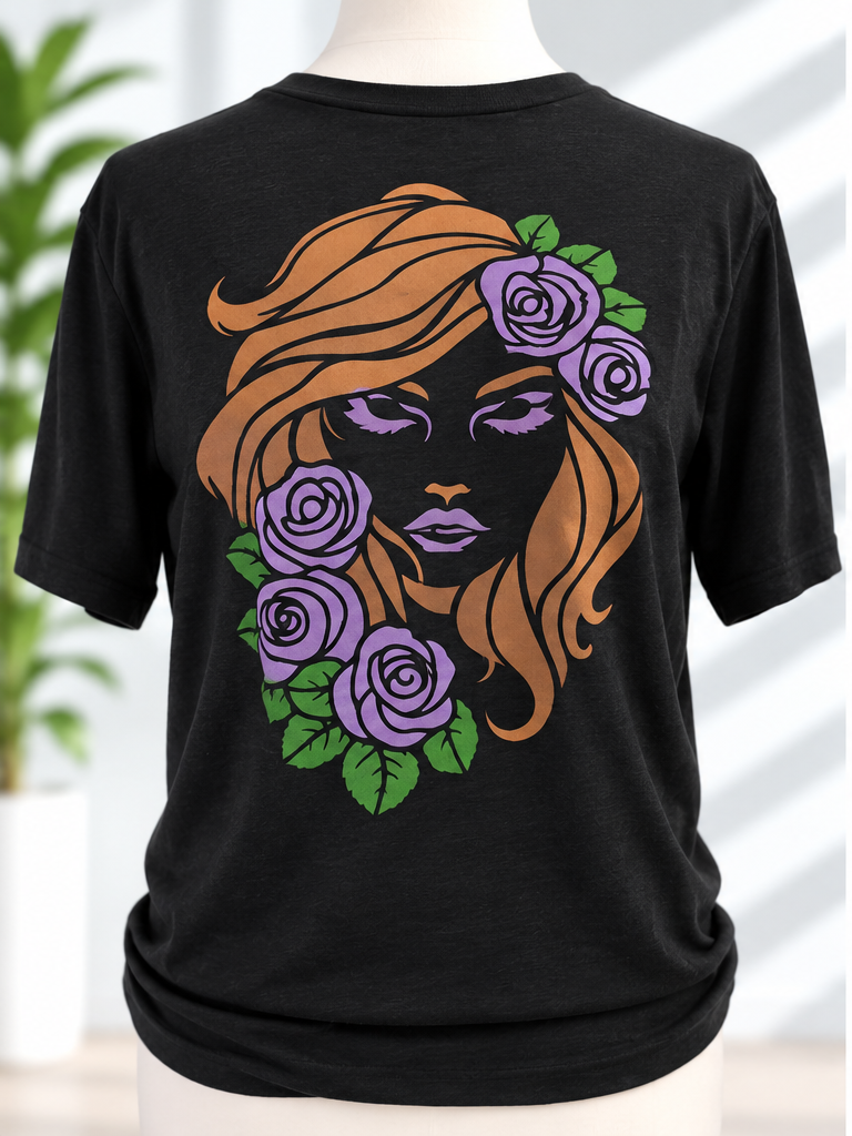 Black t-shirt with hand-painted woman's face surrounded by purple roses and green leaves in copper and lavender tones