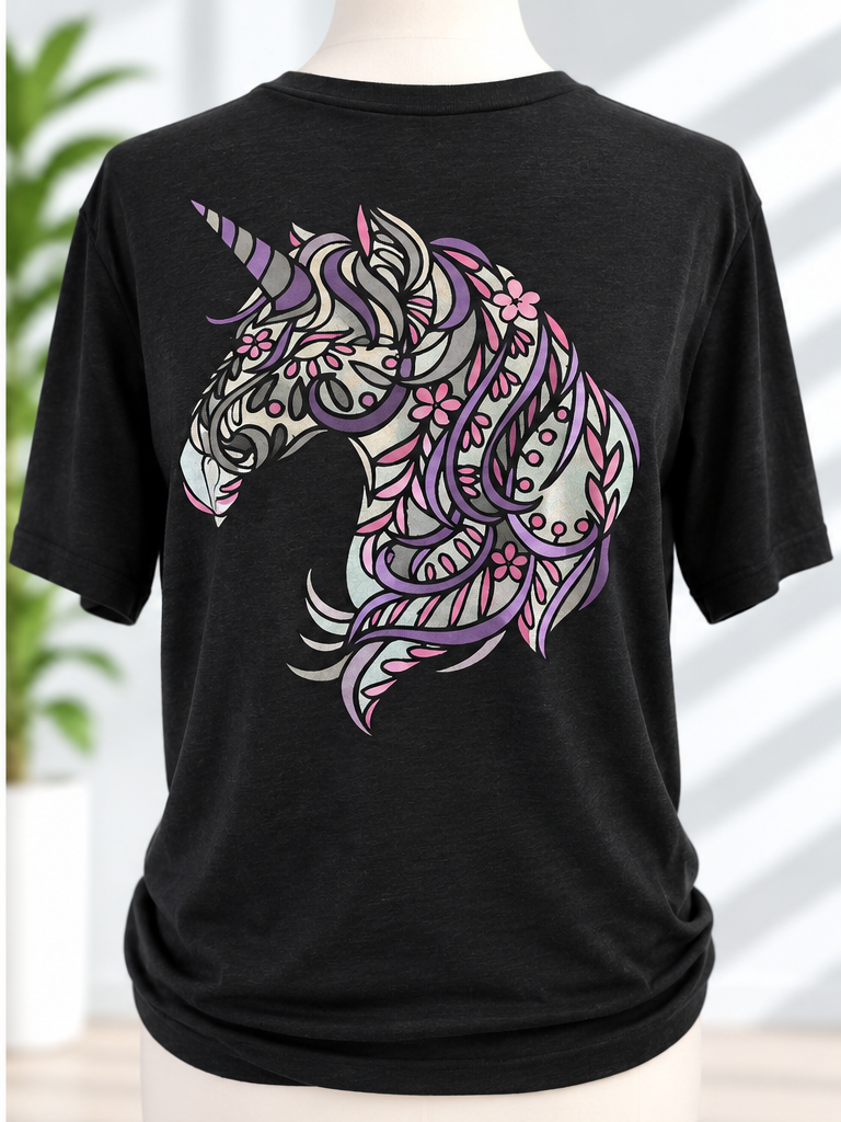 Black t-shirt with hand-painted floral unicorn design in purple, pink, and silver tones