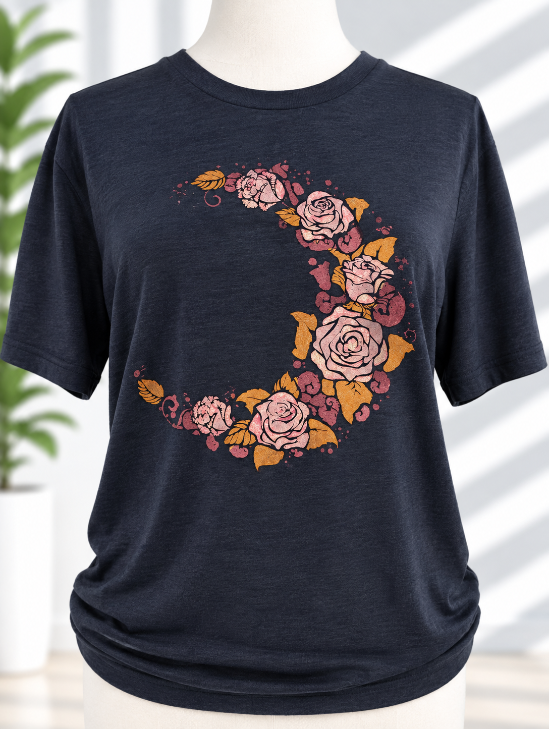 Navy t-shirt with hand-painted crescent moon made of pink roses and golden leaves
