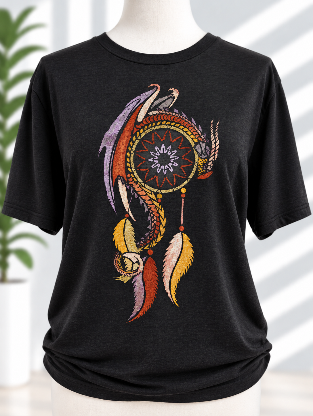 Black t-shirt with hand-painted dragon wrapped around a dreamcatcher in orange, red, purple, and gold tones with feathers