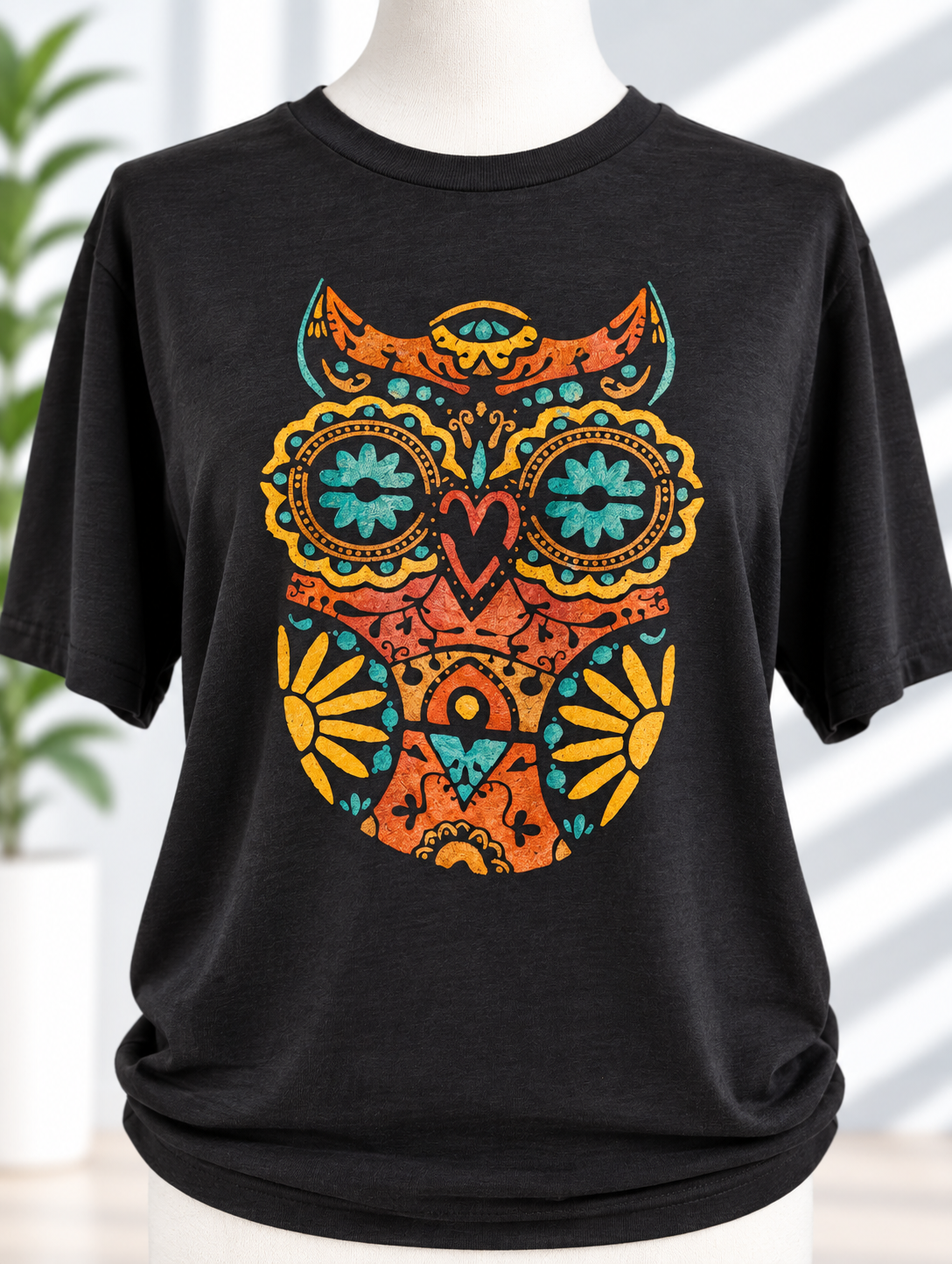 Black t-shirt with hand-painted sugar skull owl design in orange, teal, and yellow tones