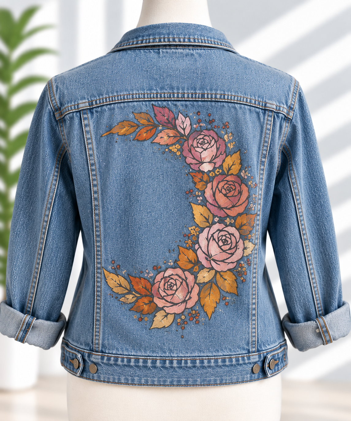 Light wash denim jacket with hand-painted floral crescent moon design in pink roses and autumn leaves