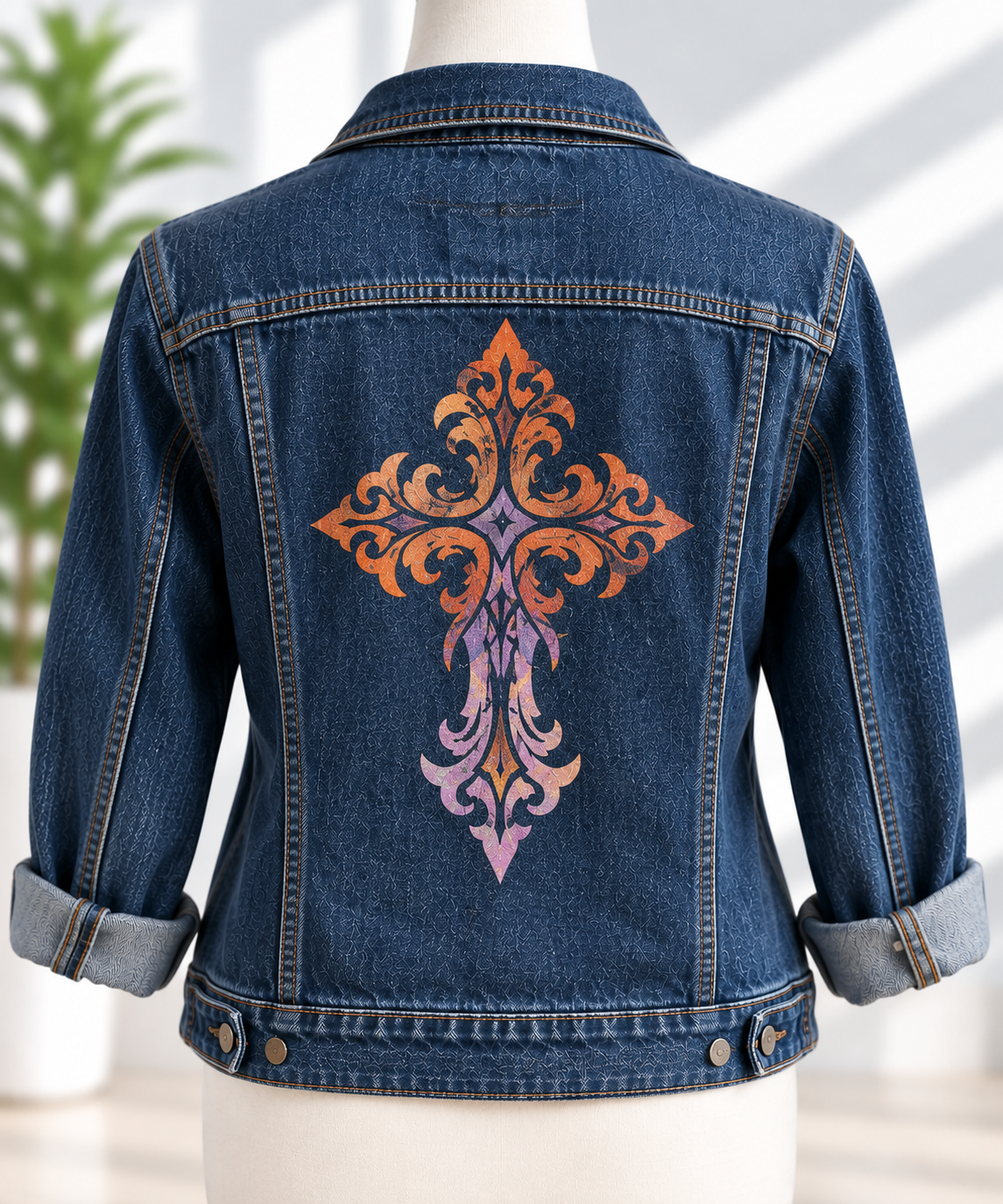 Dark wash denim jacket with hand-painted ornamental cross in orange and purple tones