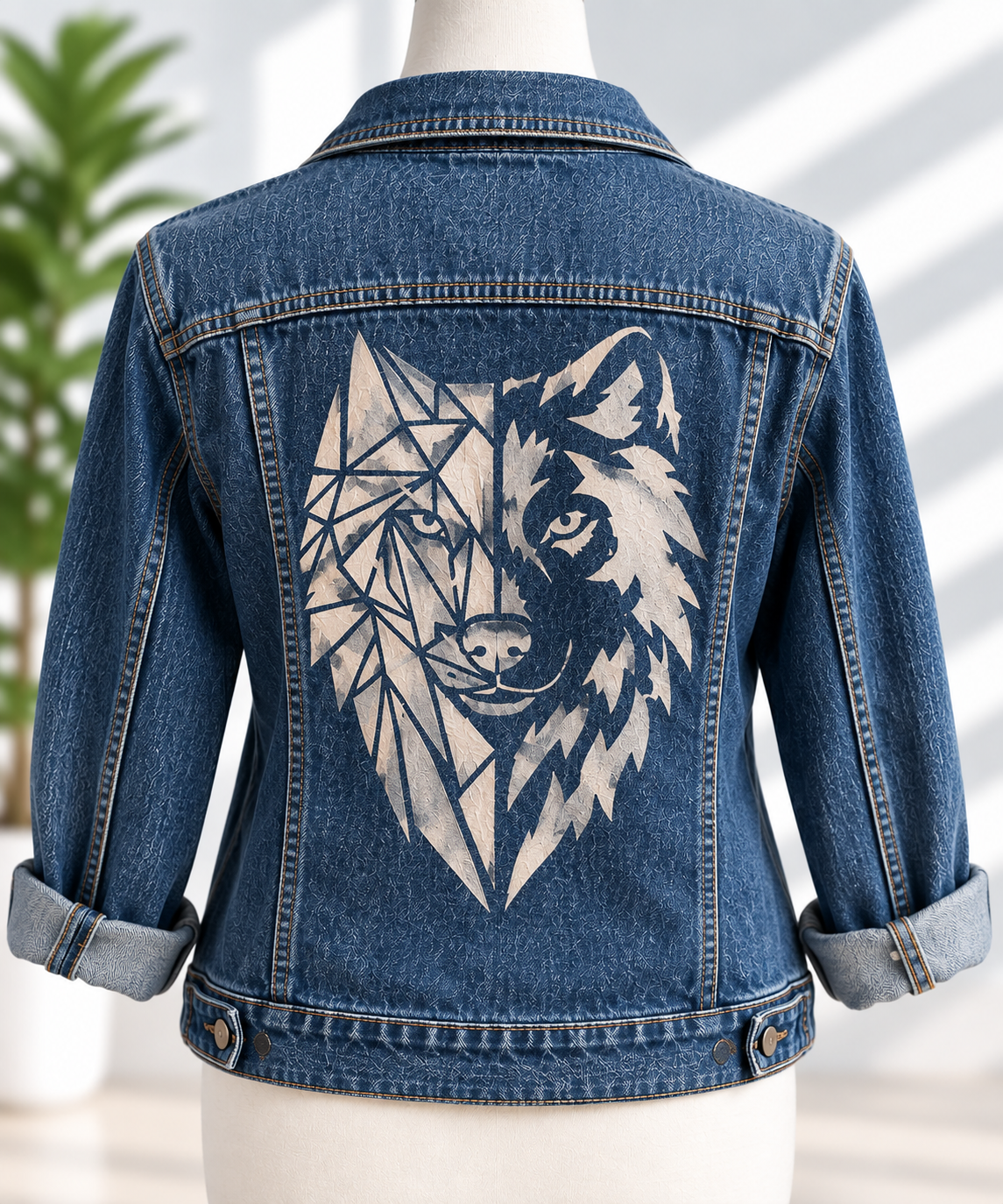 Dark wash denim jacket with hand-painted split geometric wolf design in cream and tan tones