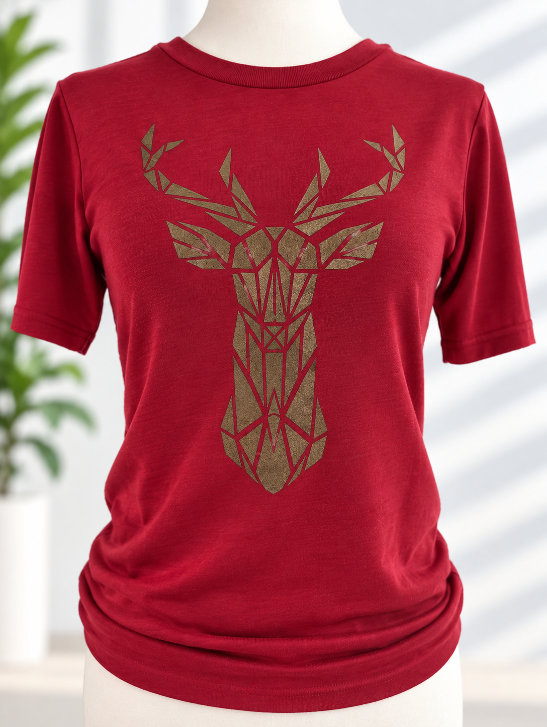 Red t-shirt with hand-painted geometric deer head design
