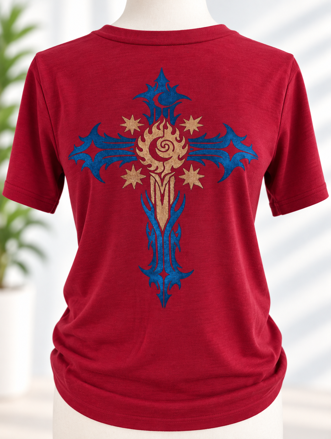 Red t-shirt with hand-painted ornate cross design