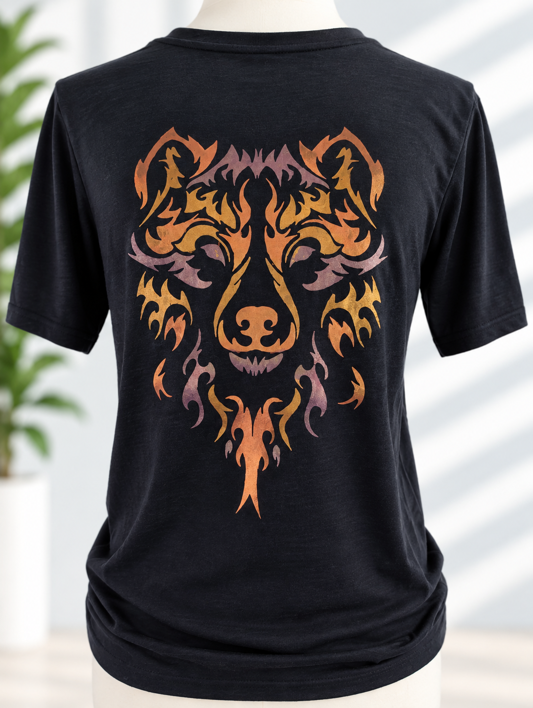 Black t-shirt with hand-painted ornate tiger face design
