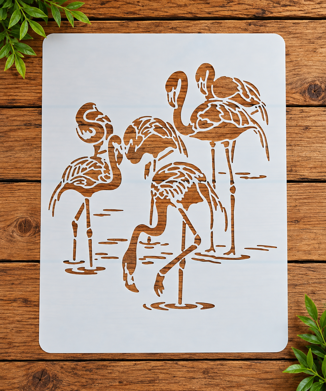 Flamingos stencil on wood