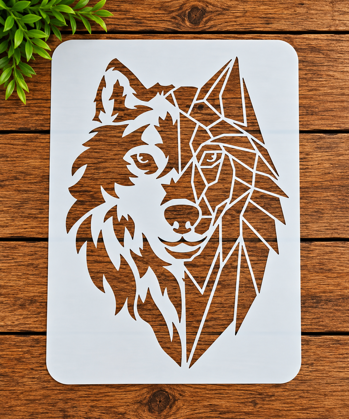 Geometric wolf stencil on wood