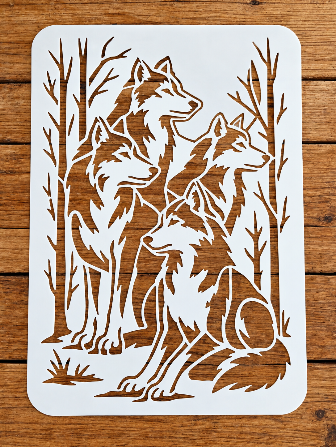 Wolf pack forest stencil on wood