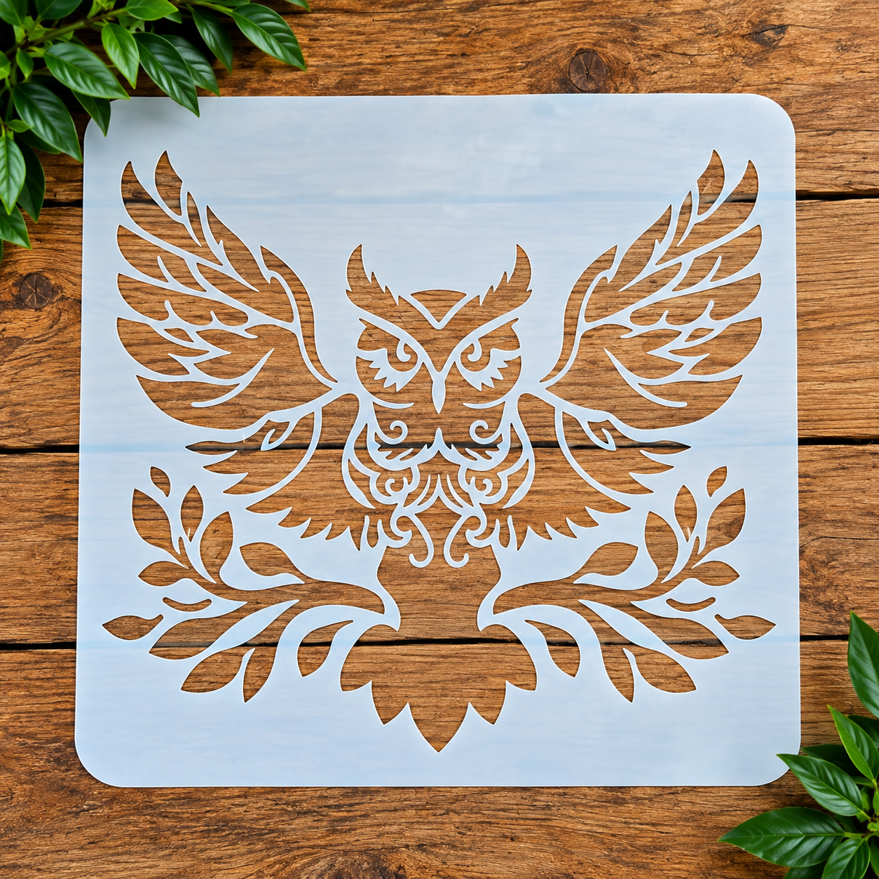 Ornate owl with botanical wings stencil on wood
