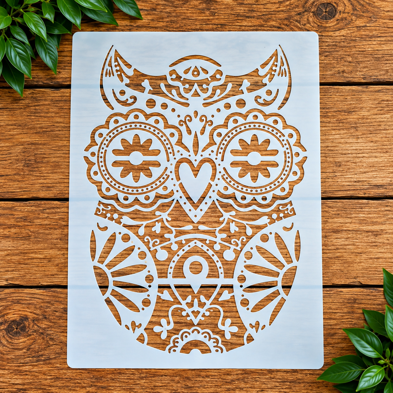 Sugar skull owl face stencil on wood