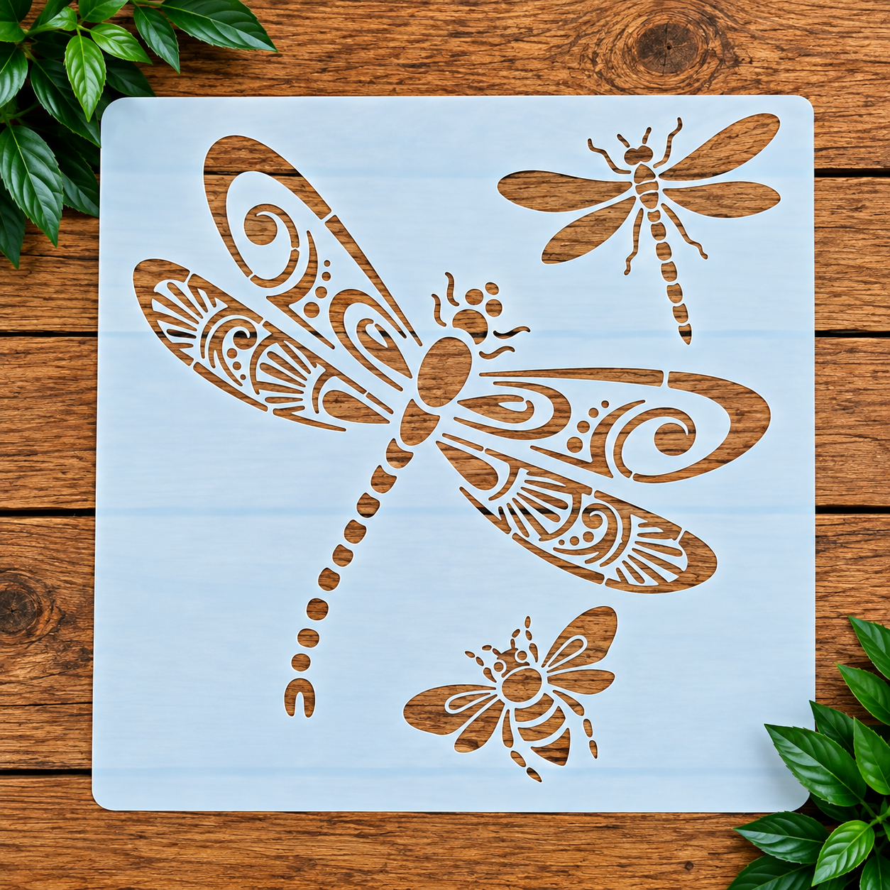 Dragonfly and bee stencil on wood