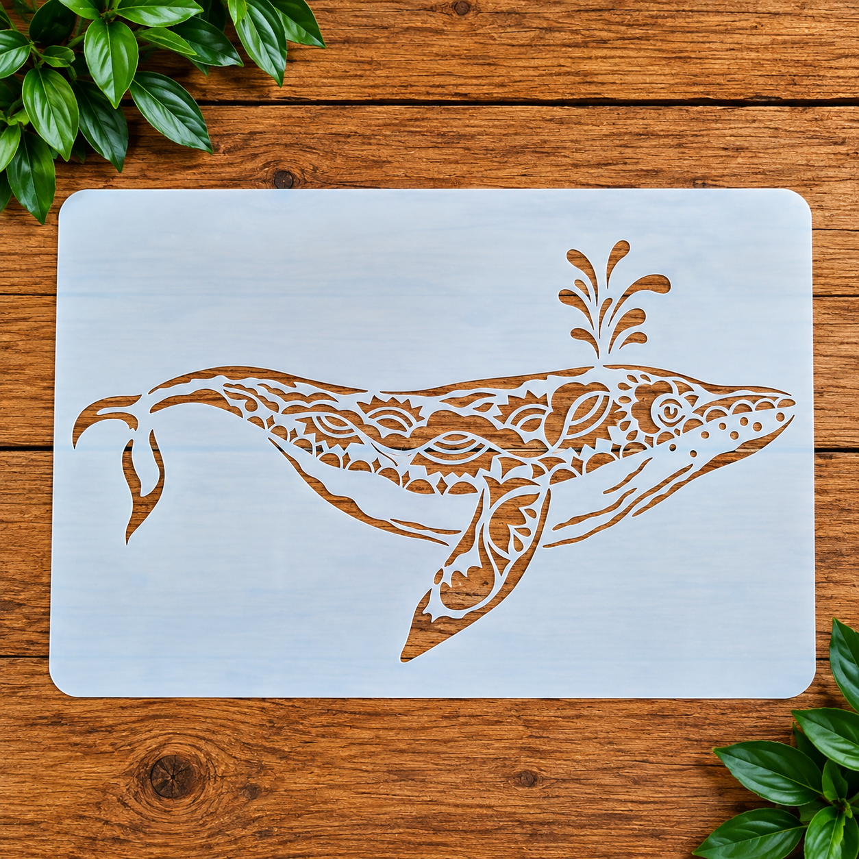 Ornate whale stencil on wood