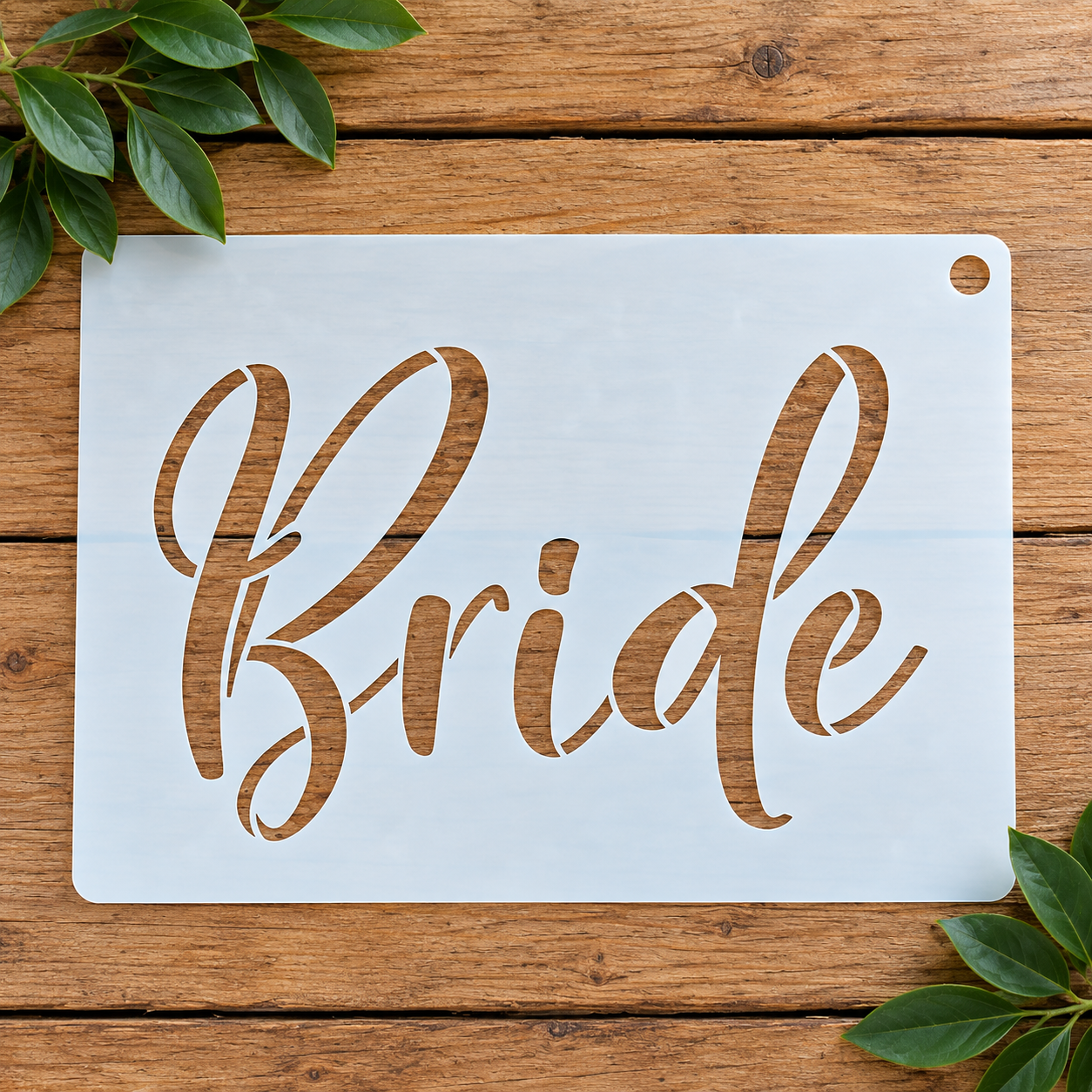 Bride script stencil on wood