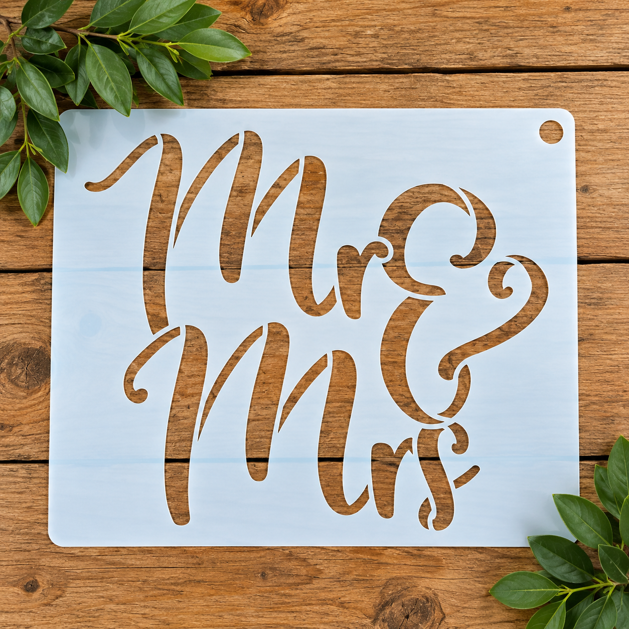 Mr & Mrs script stencil on wood