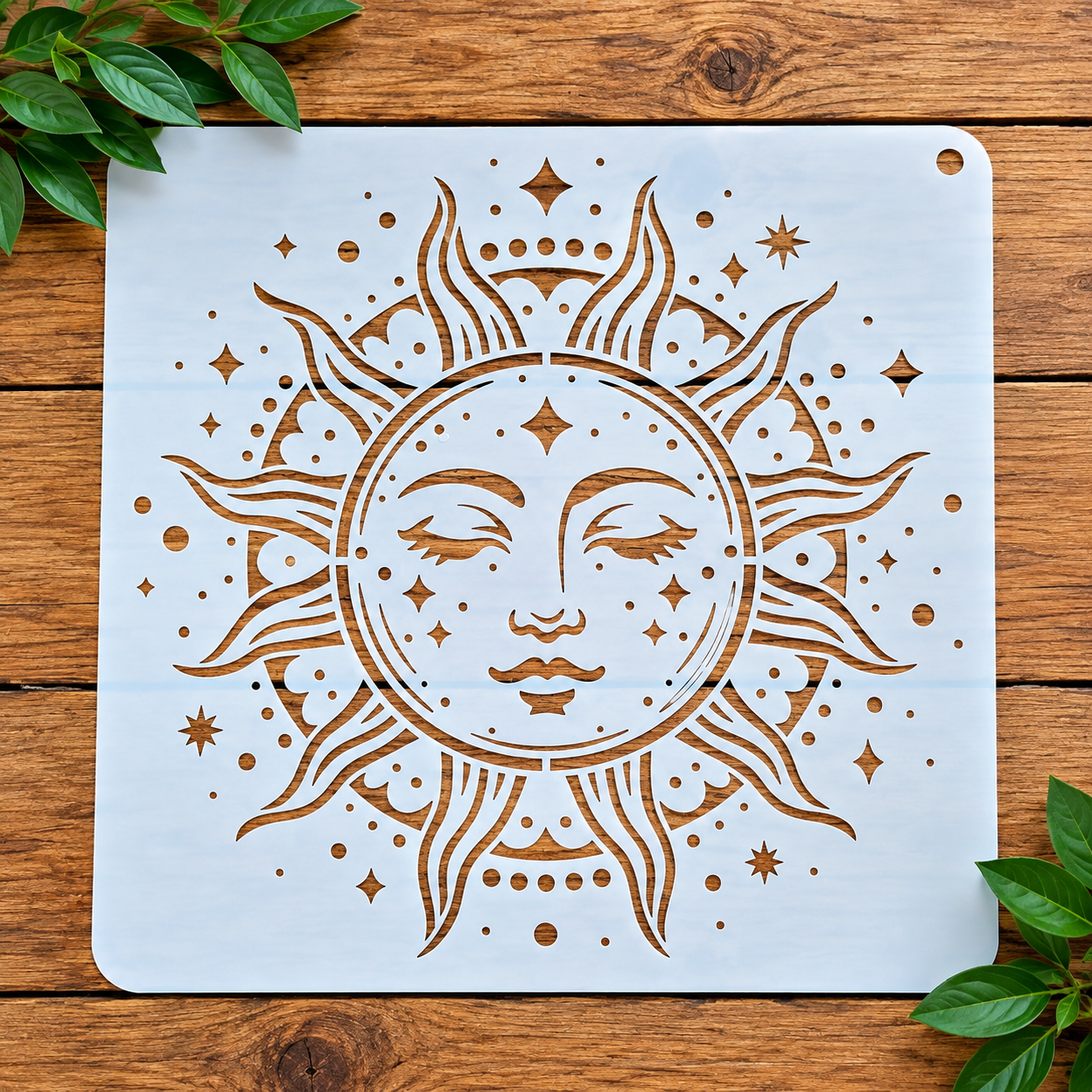 Celestial sun face stencil on wood