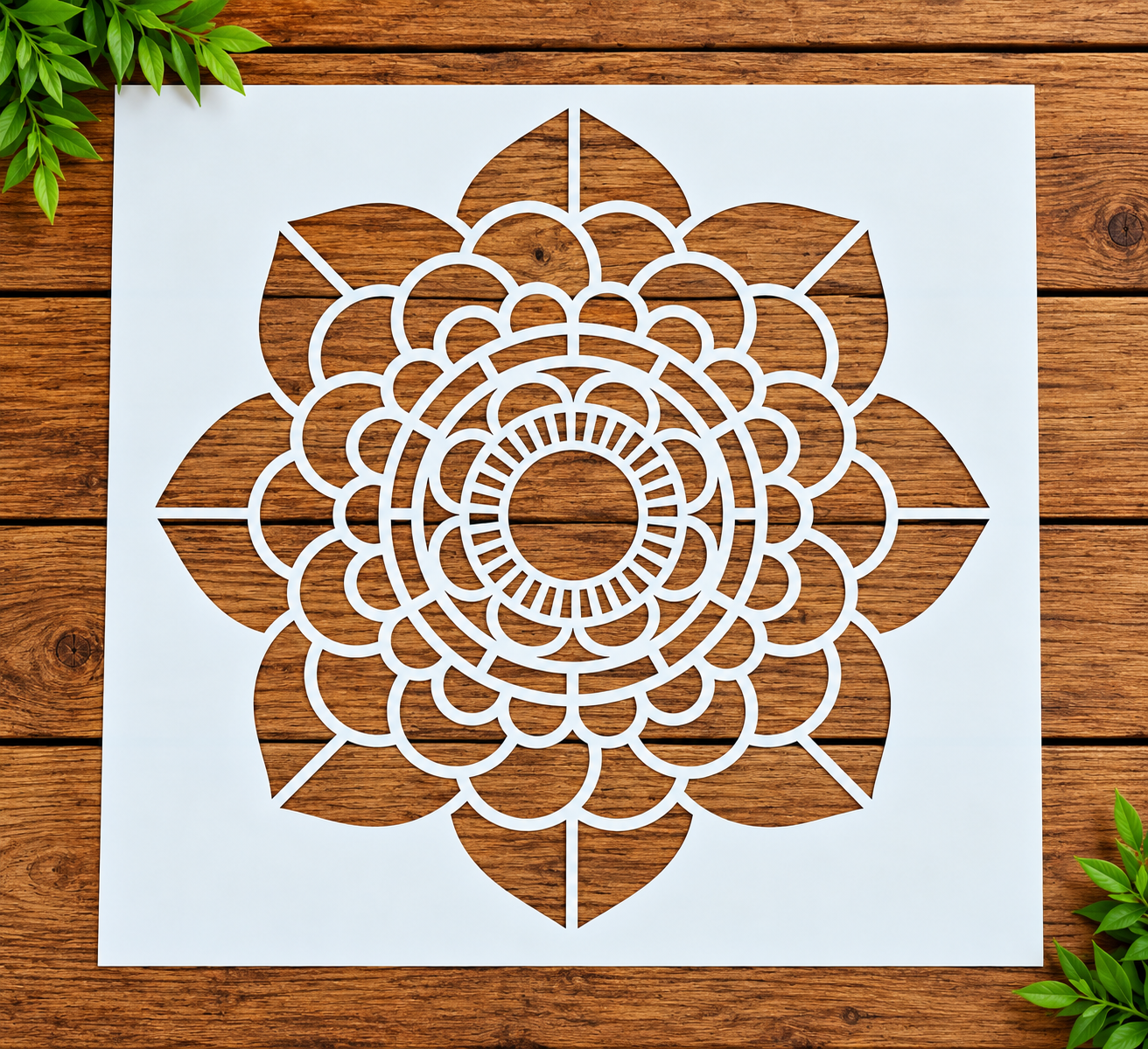 Mandala geometric stencil on wood