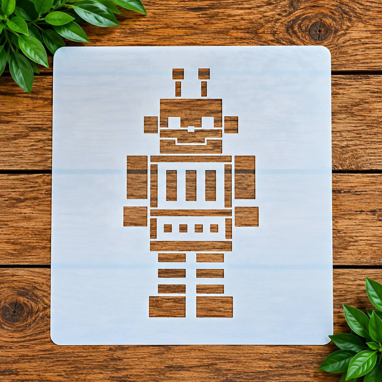 Robot stencil on wooden surface