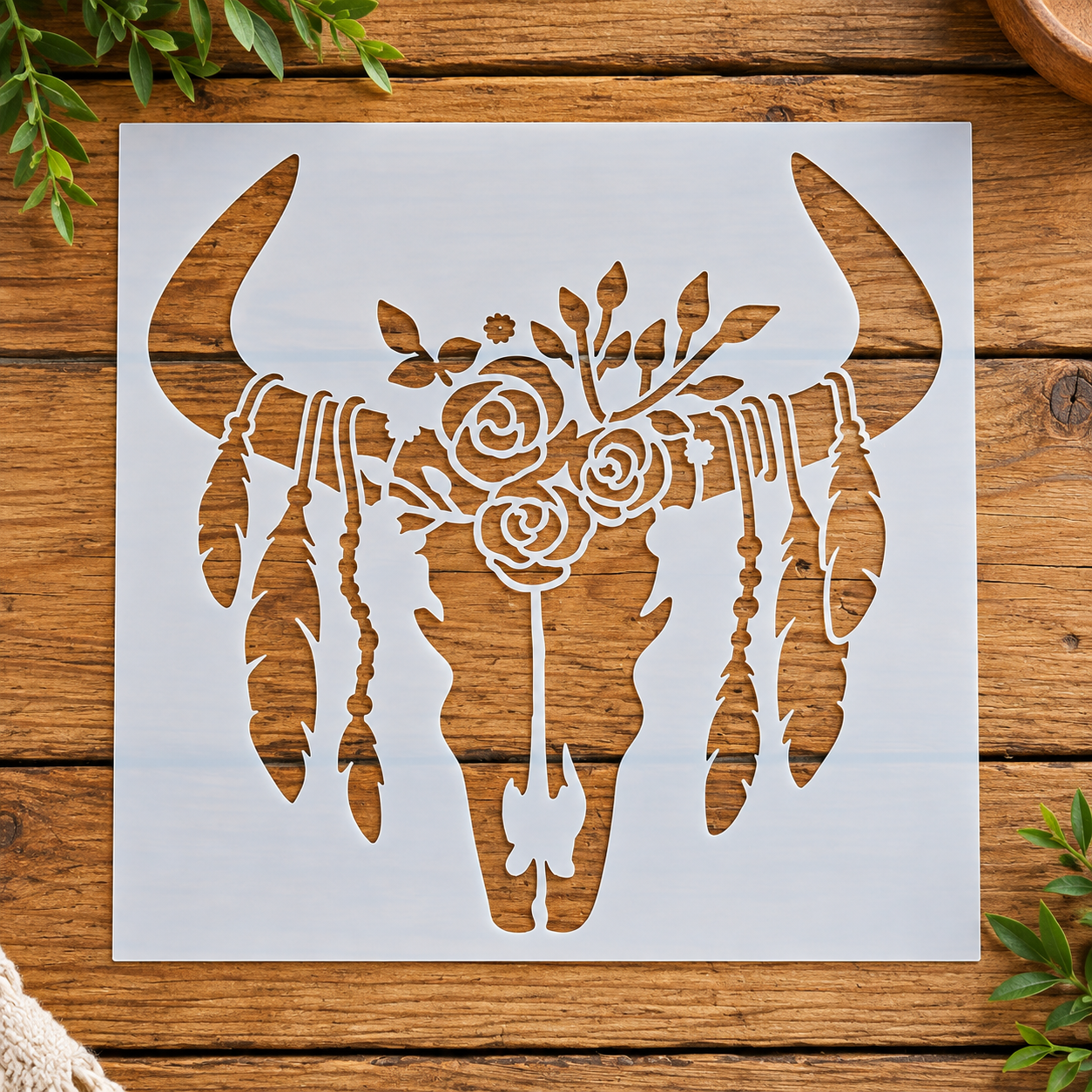 Decorative boho bull skull stencil on wood
