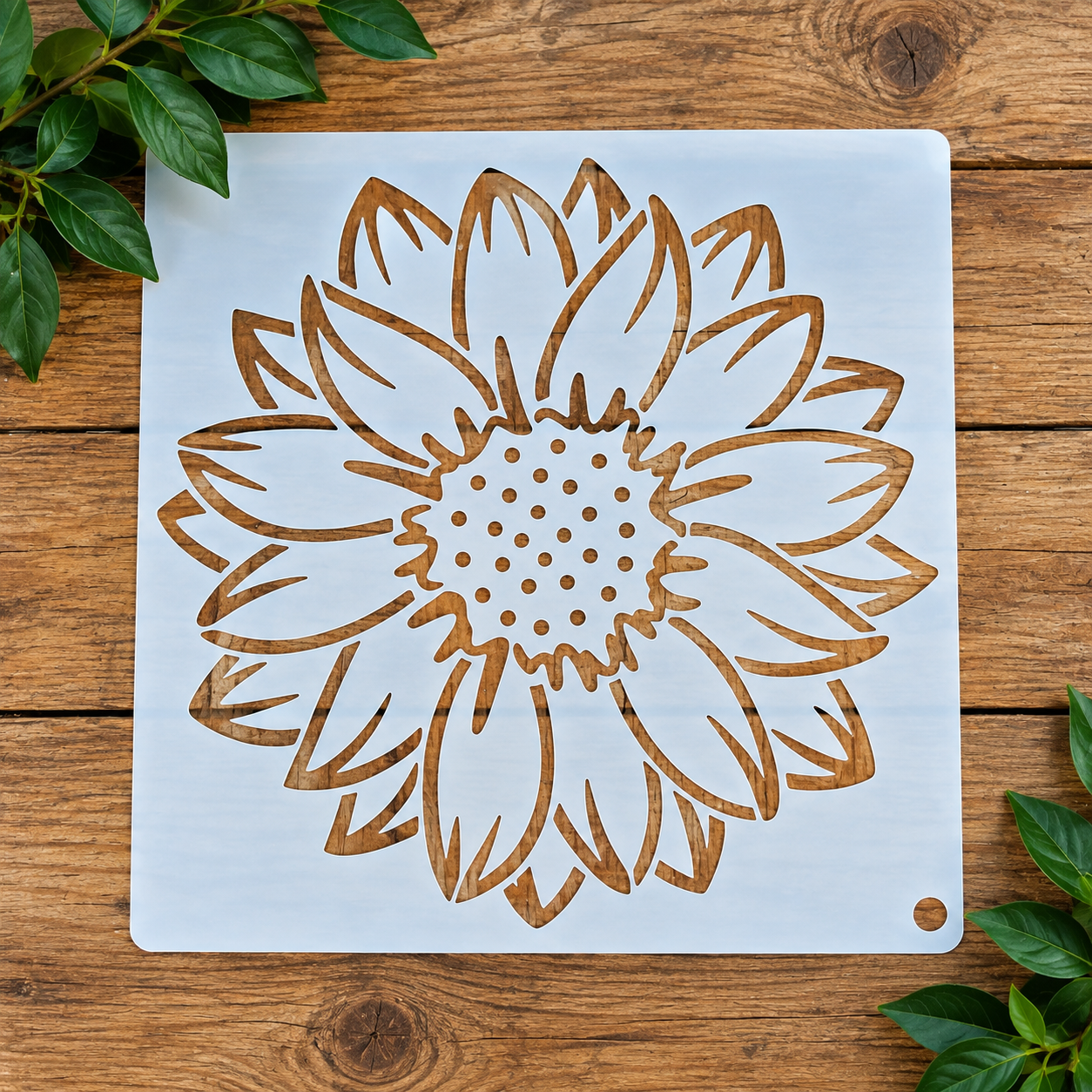 Sunflower stencil on wood with greenery