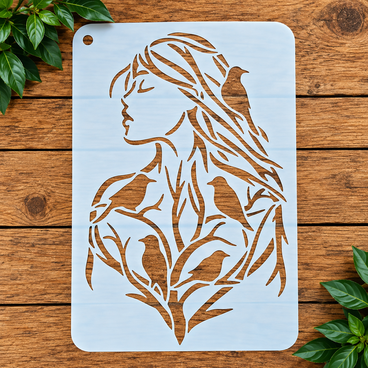 Woman silhouette with birds and botanical leaves stencil