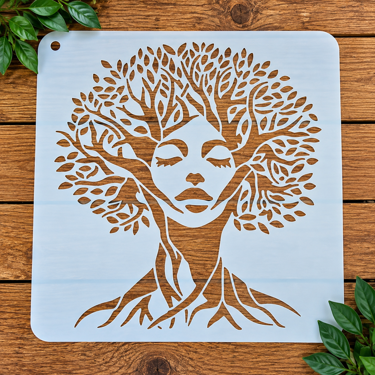 Tree woman face stencil on wood