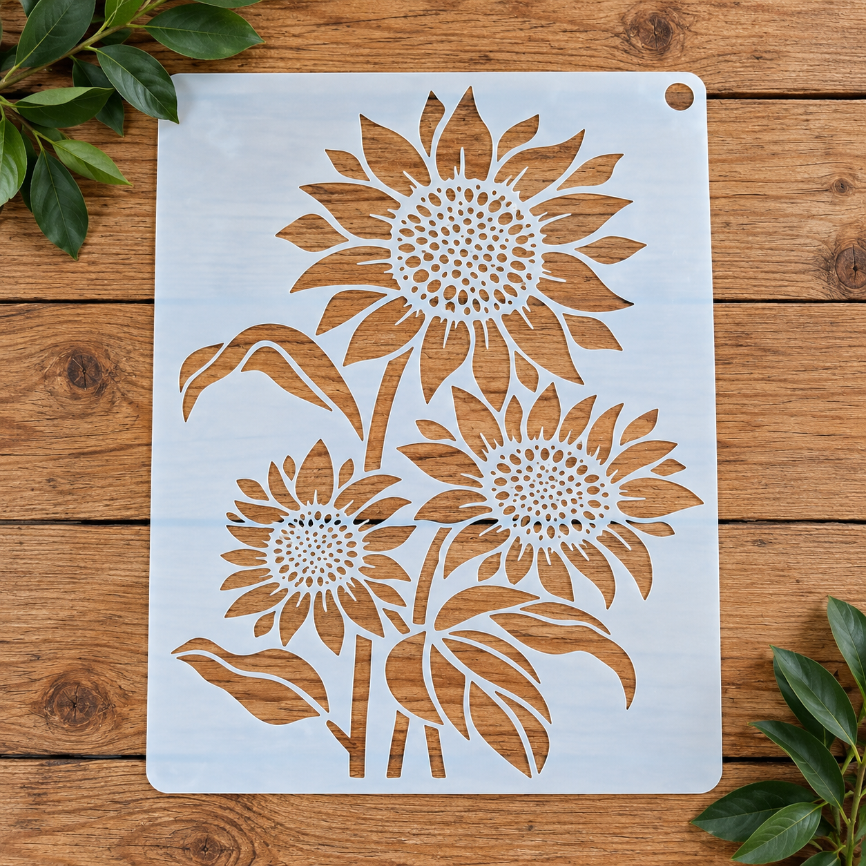 Three sunflowers stencil on wood