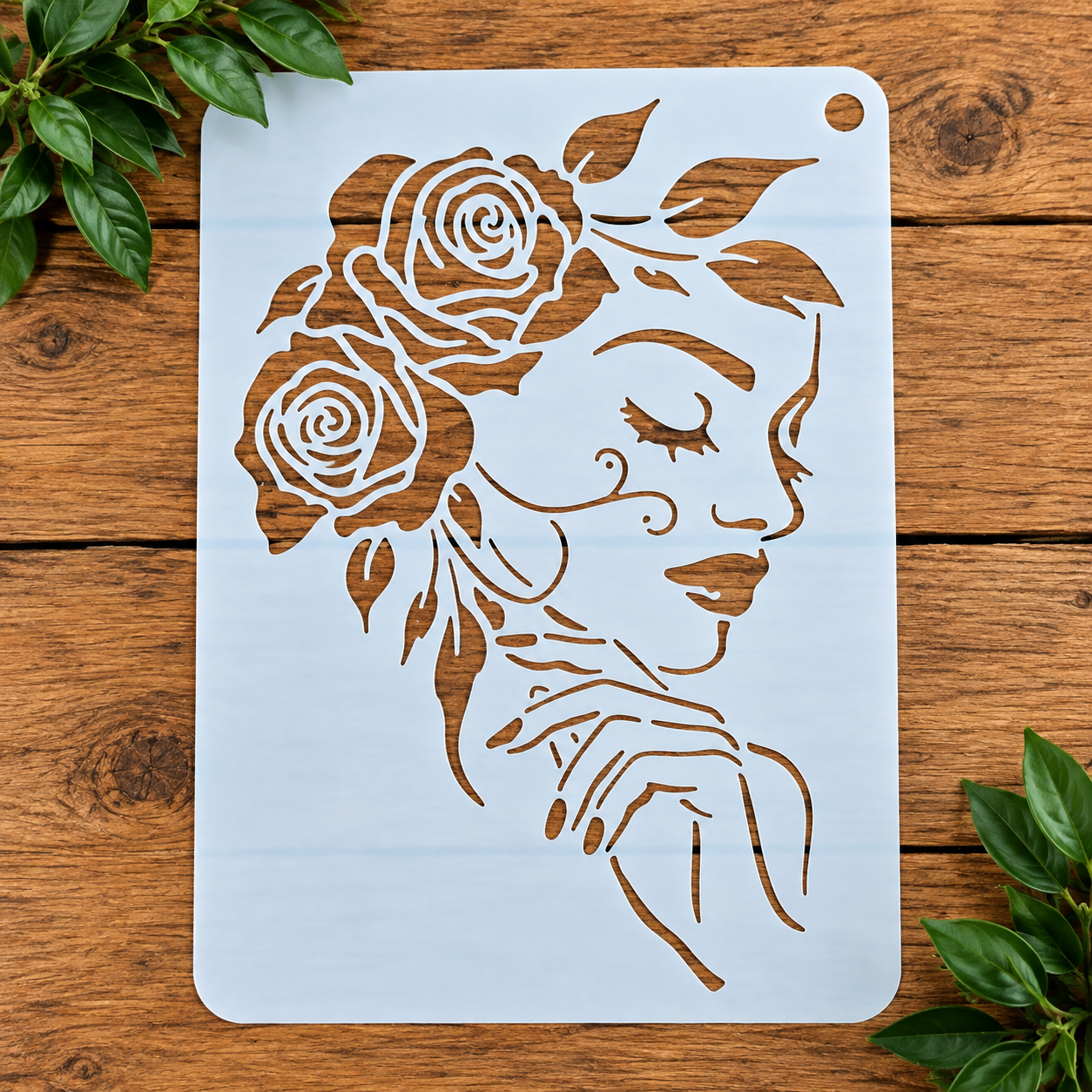Woman with roses botanical stencil on wood