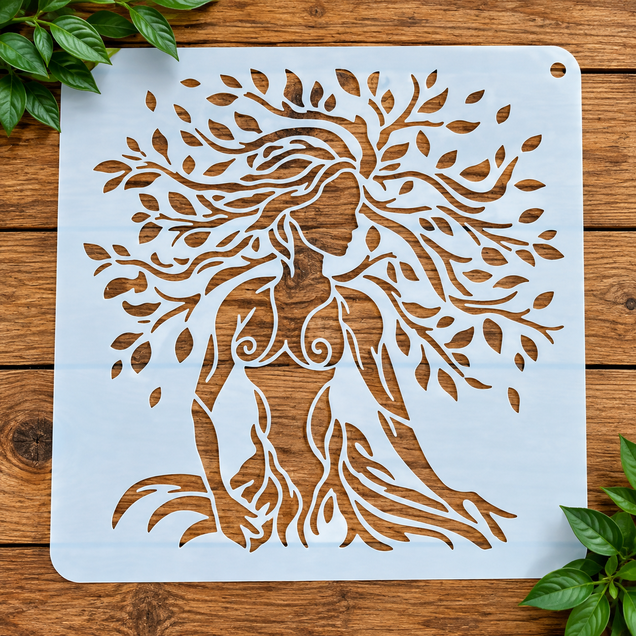 Tree woman with roots stencil on wood