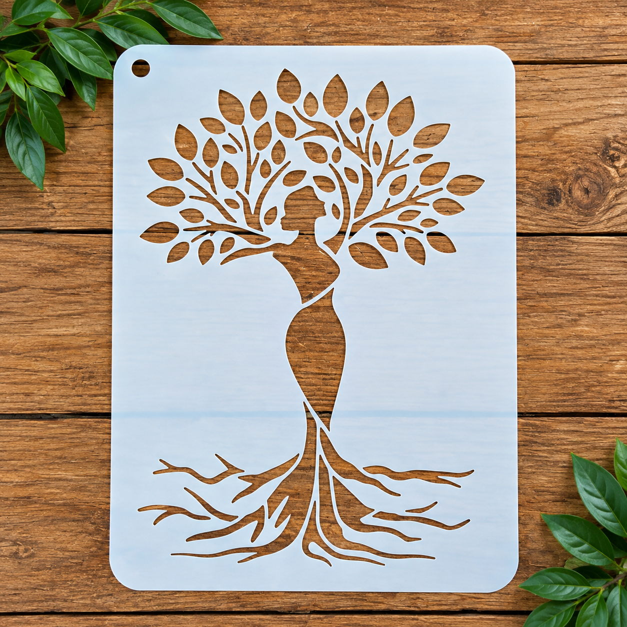 Tree of life woman figure stencil on wood