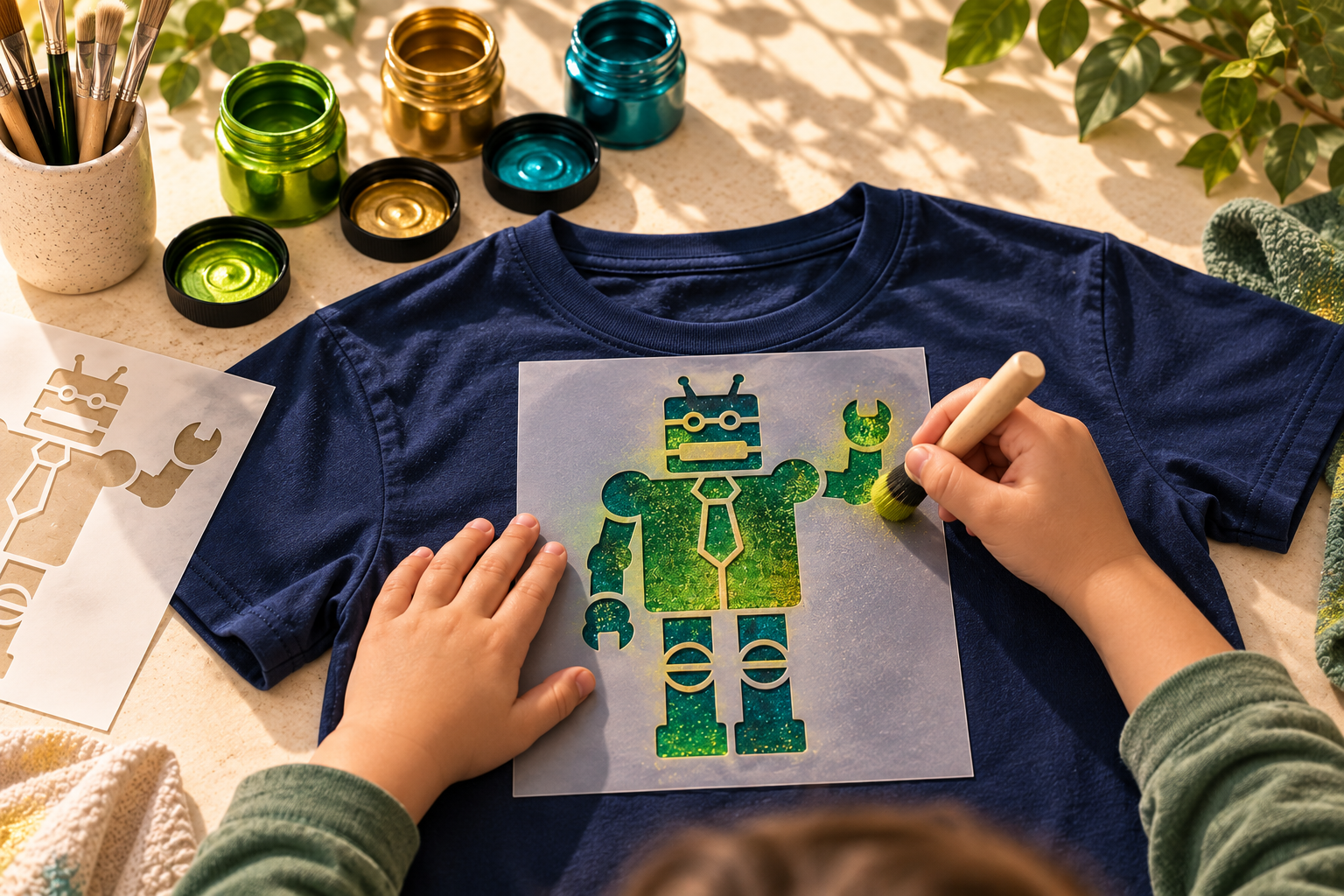 Artist painting on fabric with colorful brush strokes